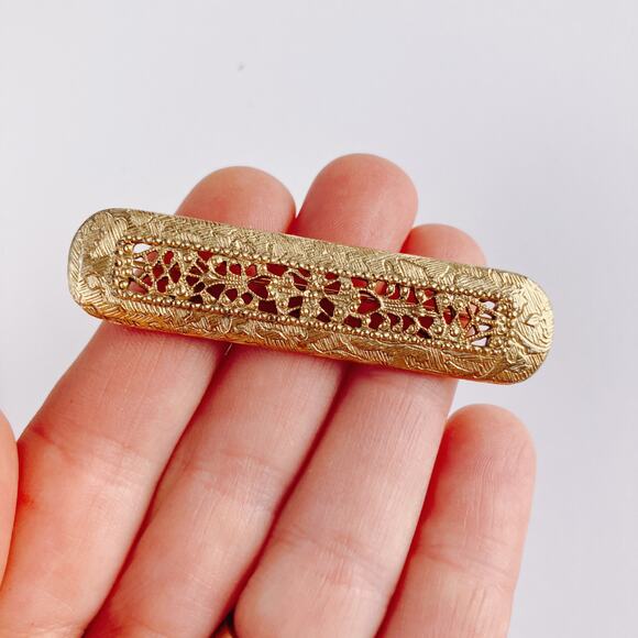 VTG 1950s Brooch Mid Century Gold Tone Filigree Bar Textured Leaf Design Pin - Picture 2 of 7